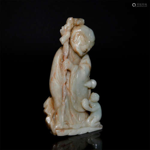 LARGE ANTIQUE CHINESE PALE CELADON JADE FIGURAL GROUP