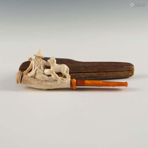 MEERSCHAUM CARVED PIPE: TYROLEAN HUNTSMAN AND HOUND