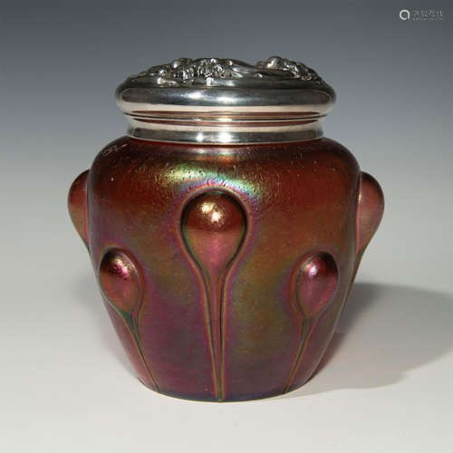 LOETZ BLOWOUT ART GLASS CONTAINER WITH SILVER