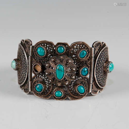 ANTIQUE HINGED SILVER, TURQUOISE CHINESE EXPORT BRACELET