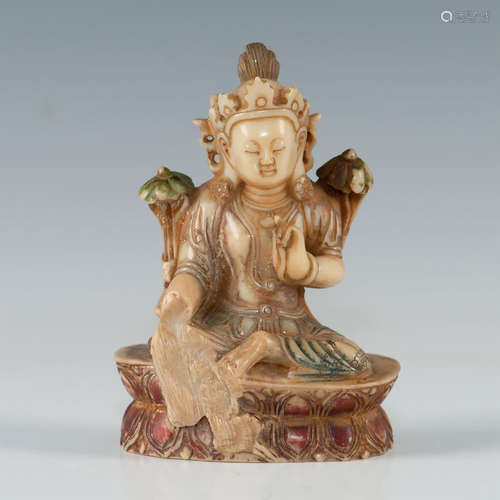 19/20th CENTURY CHINESE TIBETAN CARVED POLYCHROMED SOAPSTONE BODHISATTVA BUDDHA