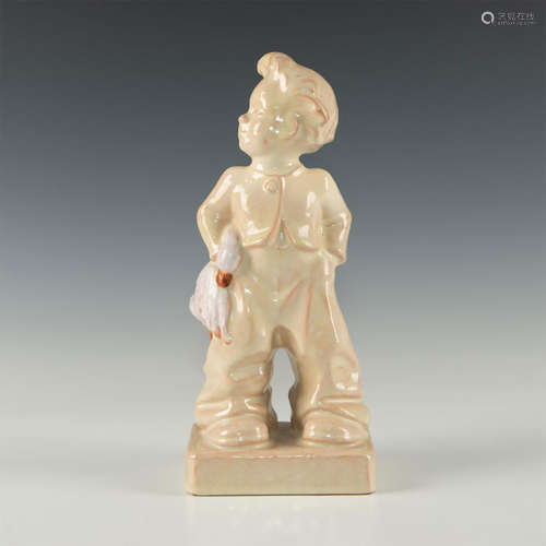 WIENER WERKSTATTE MAJOLICA CHILD WITH DUCK FIGURINE