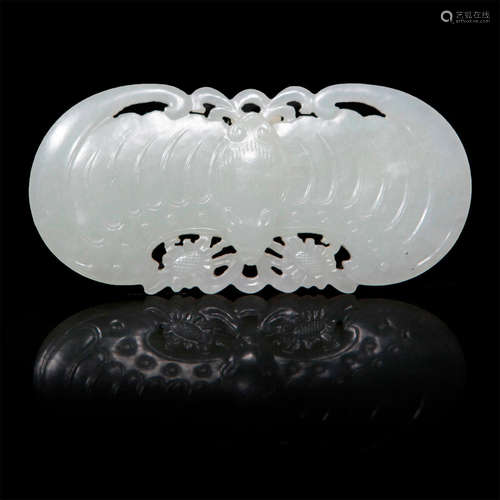 CHINESE CARVED WHITE JADE BAT TWO SIDED PENDANT PLAQUE