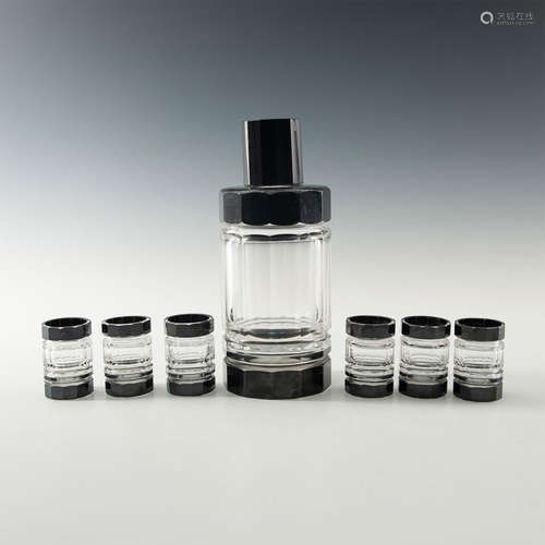 CUT GLASS BLACK EDGE CORDIAL SET WITH DECANTER AND 6 CORDIALS