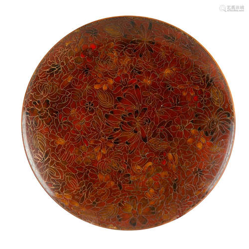 CHINESE CLOISONNE PLATE WITH FLORAL PATTERNS, RUSSET AND TURQUOISE