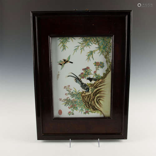 CHINESE FRAMED, PAINTED, INCISED PORCELAIN PICTURE TILE