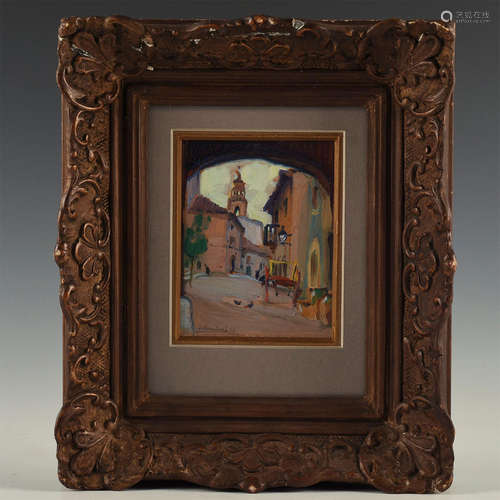 FRAMED AND MASKED VILLAGE LANDSCAPE BY J. GOMEZ FRAILE