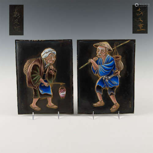 PAIR OF CHINESE ENAMEL ON BRASS PLAQUES