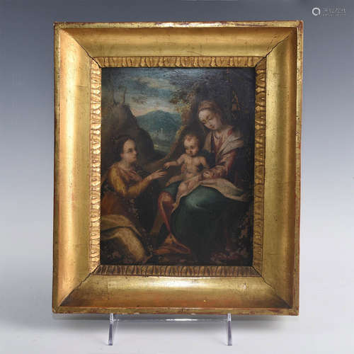 OIL PAINTING ON COPPER PLATE, ADORATION OF MADONNA AND CHRIST CHILD, SIGNED