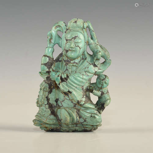 CHINESE CARVED TURQUOISE FIGURAL, RECUMBENT GUANYIN