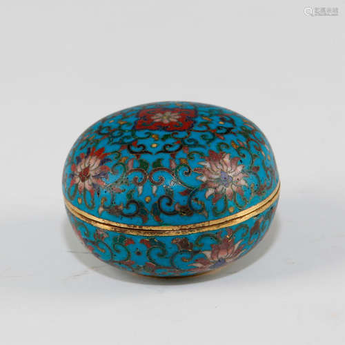 CHINESE ROUND LIDDED CLOISONNE BOX, TURQUOISE WITH FLORAL