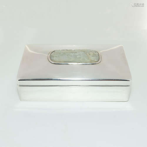 CHINESE WHITE JADE PLAQUE ON SILVER BOX WITH LID