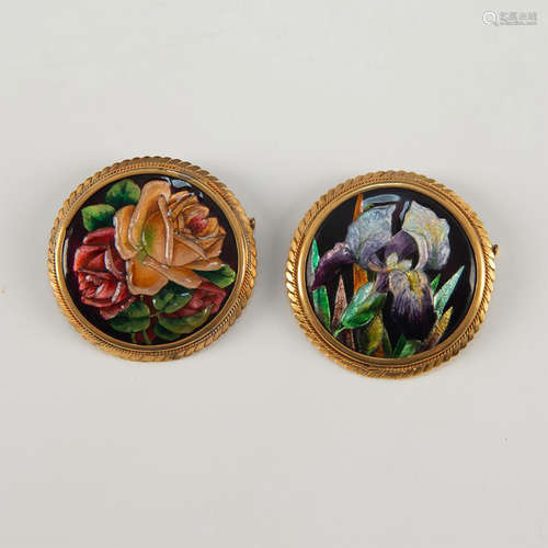 PAIR OF LIMOGES ENAMEL BROOCHES ROSES AND IRIS