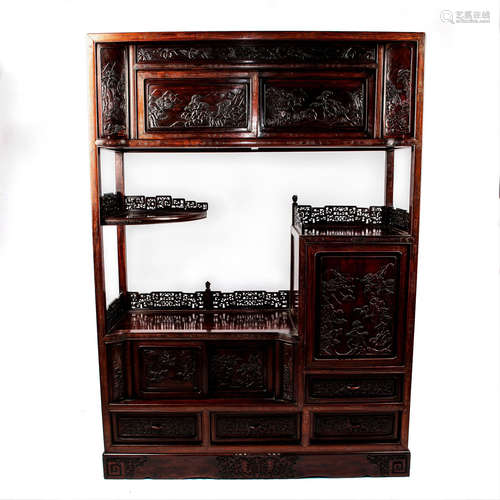 RARE CHINESE JAPANESE CARVED ROSEWOOD CURIO DISPLAY CABINET