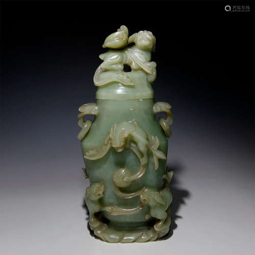 19TH/20TH CENTURY CHINESE CARVED GREEN CELADON JADE VASE WITH LID