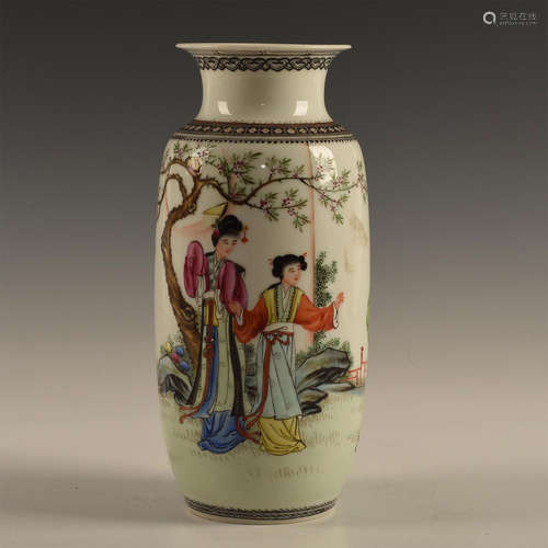 REPUBLIC ERA PAINTED CHINA VASE, GENTLEMAN RETURNING