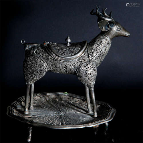 SILVER FILIGREE SOUTH AMERICAN COLONIAL DEER INCENSE BURNER, 18TH-19TH C.