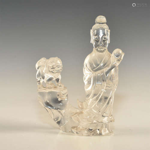 CHINESE CARVED ROCK CRYSTAL FIGURAL GROUP GUANYIN, DOG