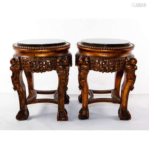 SET OF 2 WOODEN CHINESE STOOLS WITH BLACK MARBLE TOPS