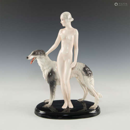 GOLDSCHEIDER ART DECO FIGURE NUDE WOMAN WITH BORZOI