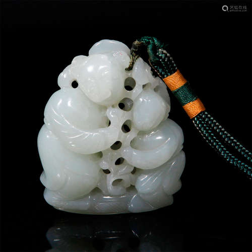 CHINESE CARVED WHITE JADE TOGGLE PENDANT FATHER AND SON