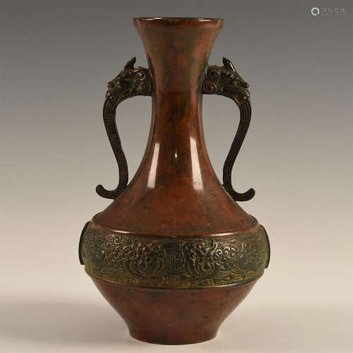 MOTTLED PATINA CHINESE DRAGON HANDLED BRONZE VASE