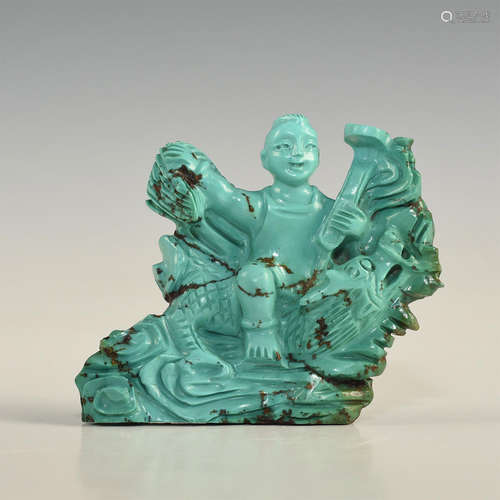 CHINESE CARVED TURQUOISE FIGURAL BOY & CELESTIAL DRAGON