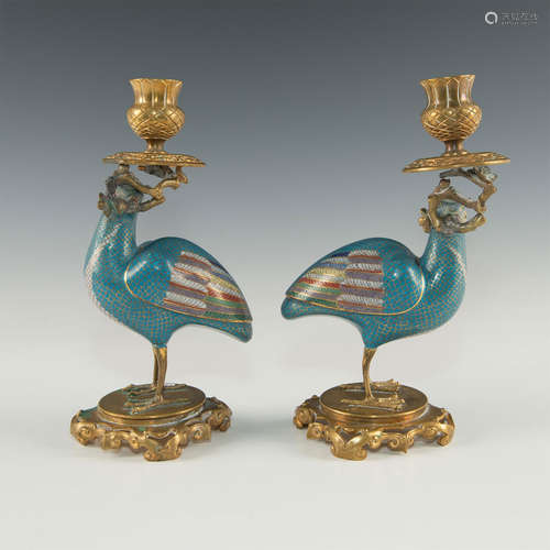 PAIR OF MATCHING CHINESE CLOISONNE BIRDS WITH FRENCH BRONZE MOUNTS, GILT