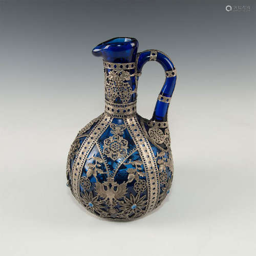 RETICULATED PEWTER WRAPPED COBALT GLASS JUG