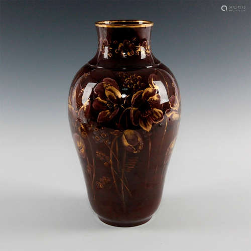 WEDGWOOD BROWN GLAZED FLORAL VASE, POPPIES AND GILT