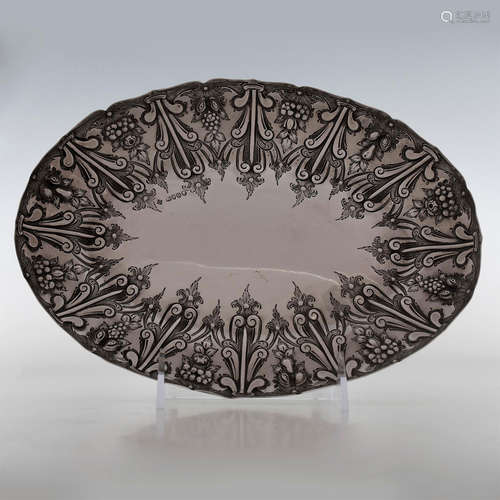 ENGLISH STERLING SILVER FOOTED OVAL CARD CALLING REPOUSSE TRAY