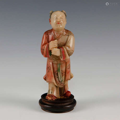 CARVED SOAPSTONE FIGURAL CHINESE BOY ON A WOODEN BASE