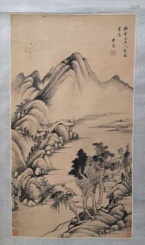 A LANDSCAPE PAINTING SCROLL WITH MULTIPLE SEALS