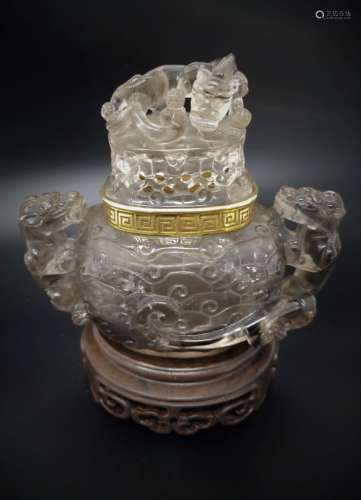 AN CRYSTAL ROCK INCENSE BURNER, WITH GILDED SILVER RIM