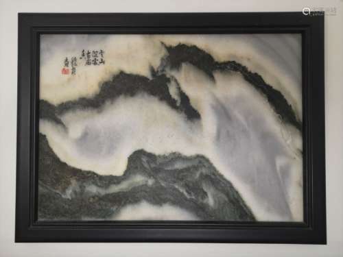 A NICELY FRAMED MARBLE LANDSCAPE PICTURE (QING DYN)
