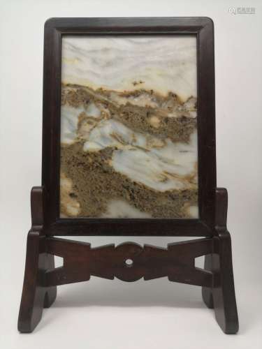 A TABLE SCREEN WITH MARBLE LANDSCAPE PIECE (QING DYN)