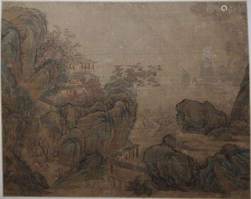 A PAINTING DEPICTING LANDSCAPE AND BUILDINGS ON SILK