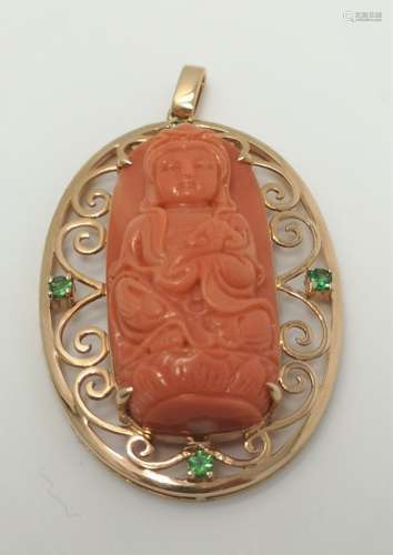 A CORAL GUANYIN PENDANT