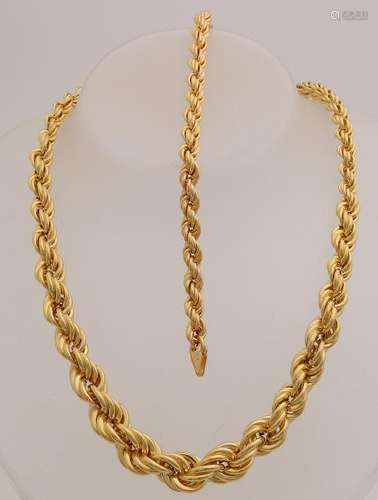 Cord necklace and bracelet, gold on silver, 925/000,