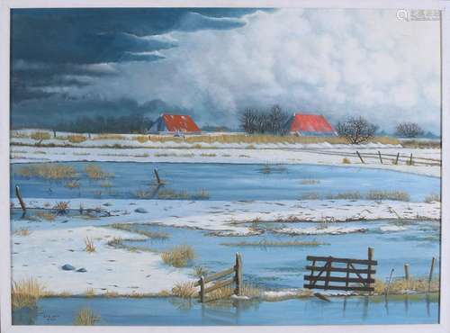 John Leenen. 1943 -. Snowy Dutch landscape with farm.