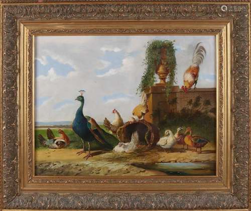 Unsigned. Circa 1900. Poultry with peacock ashore with