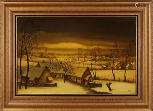 A. Mortar. Belgian School. Farm in the winter. Oil