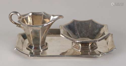 Silver Art Deco cream set, 800/000, 3-part with a milk