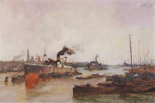 Jos Pauwels. 1903 - 1983. Harbor view. 50s. Oil on