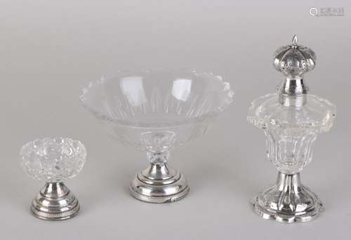 Crystal spreader, salt barrel and sugar bowl on silver