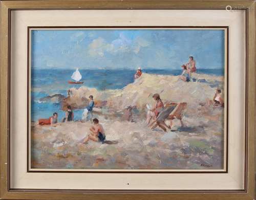 P. Renard. 21st century. Beach scene with figures. Oil