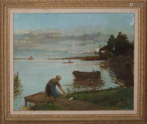 Unclear signed. Circa 1900. Dutch river view with punt