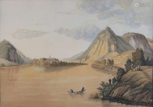 19th century watercolor. Italian river view with