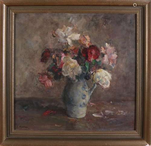 Dirk Meeles. 1872 - 1958. Cologne vase with roses. Oil