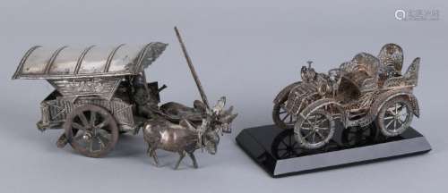 Two large miniatures, a covered wagon with oxen from